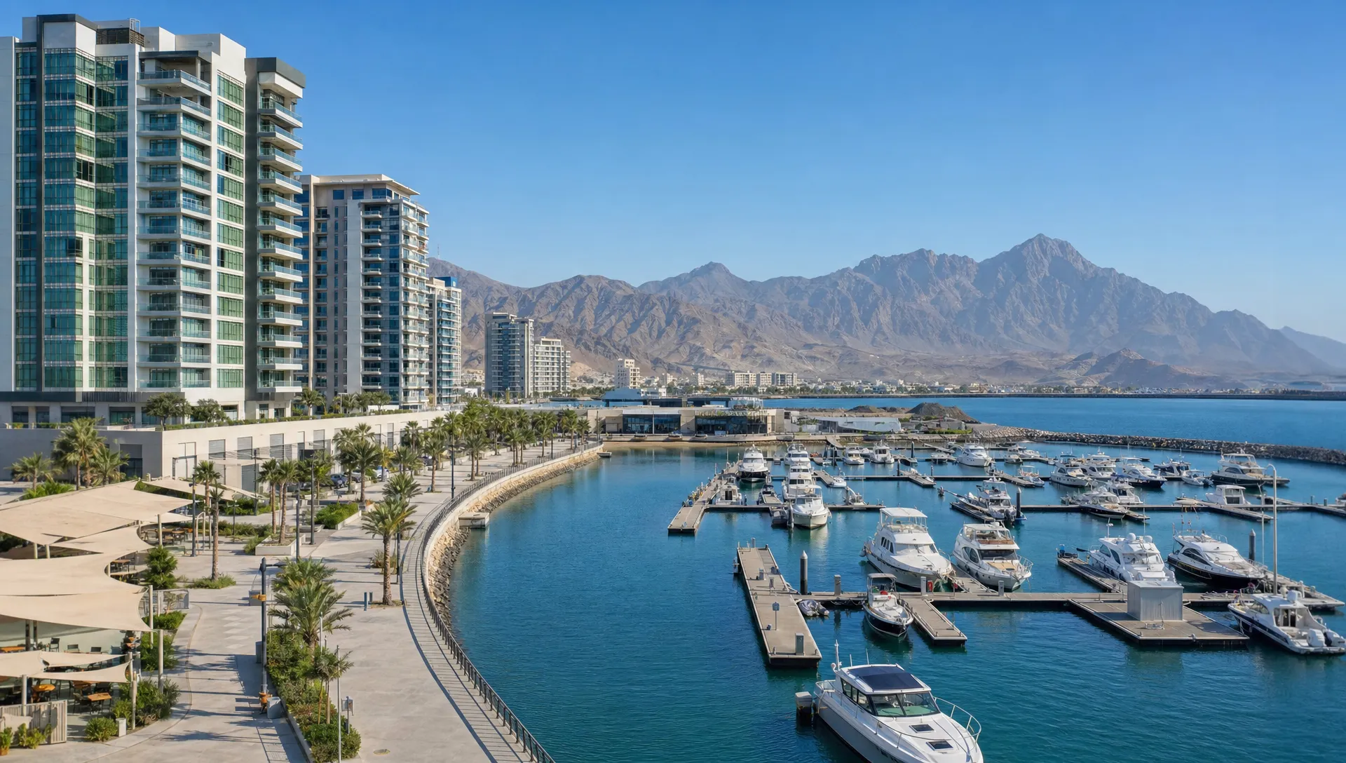 Ras Al Khaimah’s waterfront shows residential towers, marina berths, walkways, and distant mountains in clear daylight.